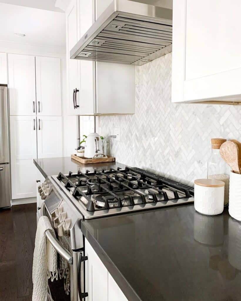 Illustration of Wood Look Tile Backsplash With A Gray And White Hexagon Tile
