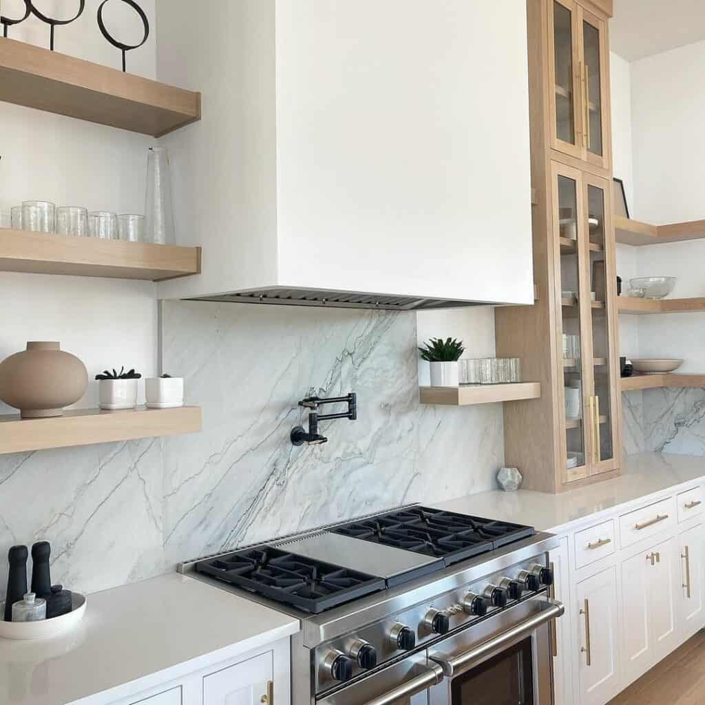 Curated visual reference: Vaulted Ceiling Floating Shelves Kitchen Reference: 34 Modern White Kitchen Cabinets For A Picturesque Look
